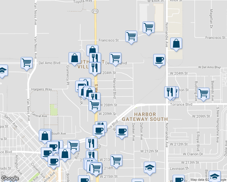 map of restaurants, bars, coffee shops, grocery stores, and more near 1602 West 206th Street in Torrance