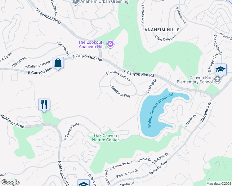 map of restaurants, bars, coffee shops, grocery stores, and more near 755 South Goldfinch Way in Anaheim
