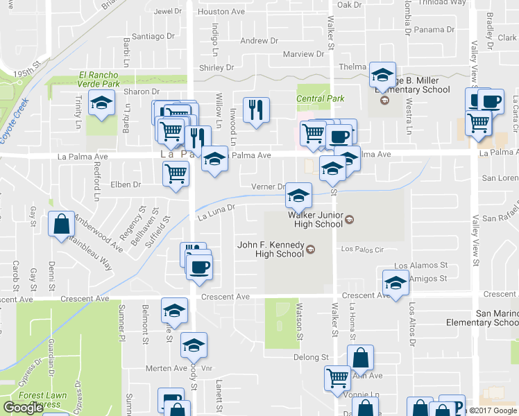 map of restaurants, bars, coffee shops, grocery stores, and more near 5232 La Luna Drive in La Palma