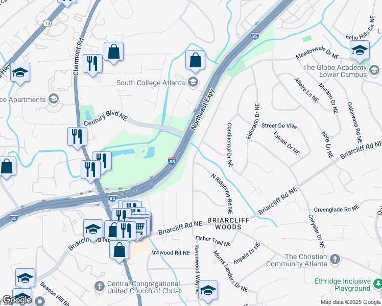 map of restaurants, bars, coffee shops, grocery stores, and more near 2048 Fisher Trail Northeast in Atlanta