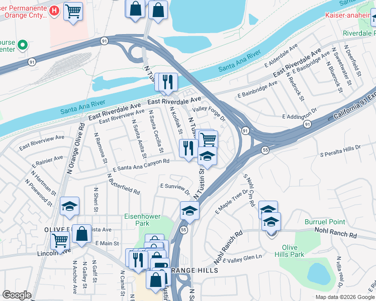 map of restaurants, bars, coffee shops, grocery stores, and more near 122 North Kodiak Street in Anaheim
