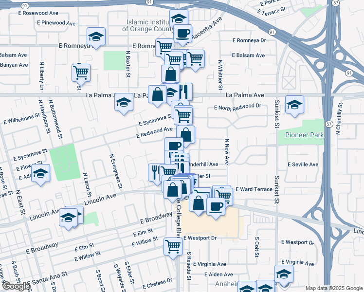 map of restaurants, bars, coffee shops, grocery stores, and more near 225 North State College Boulevard in Anaheim