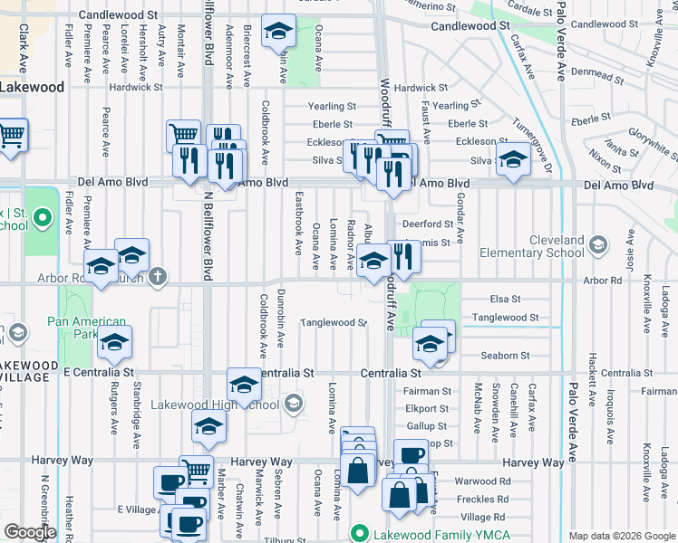 map of restaurants, bars, coffee shops, grocery stores, and more near 4706 Lomina Avenue in Lakewood