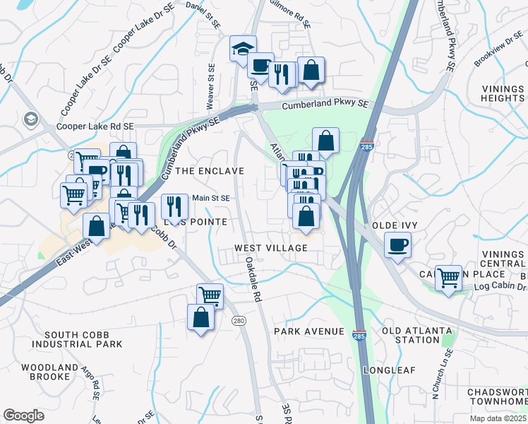 map of restaurants, bars, coffee shops, grocery stores, and more near 4604 Eddibunn Drive Southeast in Smyrna