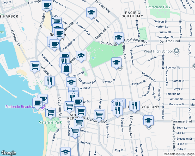 map of restaurants, bars, coffee shops, grocery stores, and more near 802 Spencer Street in Redondo Beach