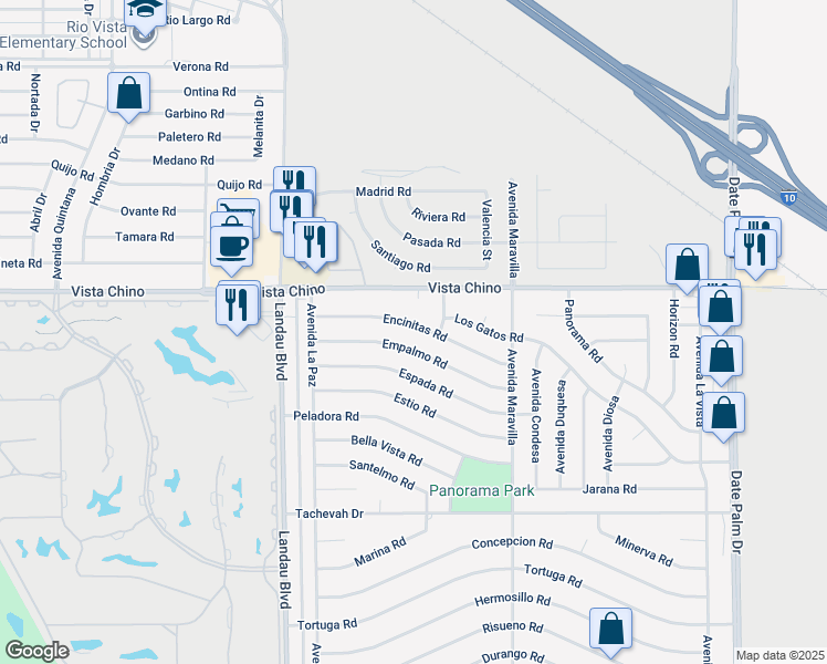 map of restaurants, bars, coffee shops, grocery stores, and more near 68175 Encinitas Road in Cathedral City