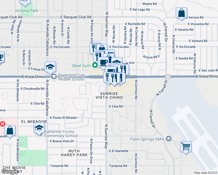 map of restaurants, bars, coffee shops, grocery stores, and more near 1522 North Sunrise Way in Palm Springs
