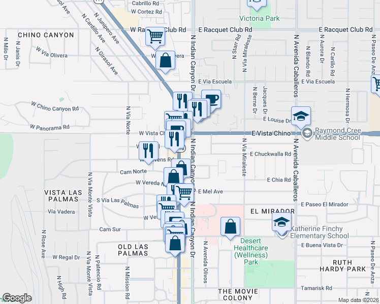 map of restaurants, bars, coffee shops, grocery stores, and more near 1480 North Indian Canyon Drive in Palm Springs