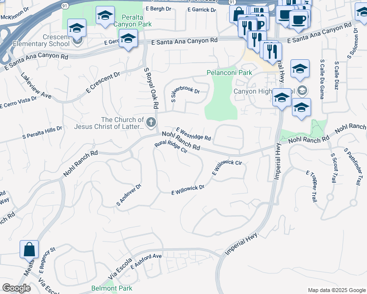 map of restaurants, bars, coffee shops, grocery stores, and more near 5353 Rural Ridge Circle in Anaheim