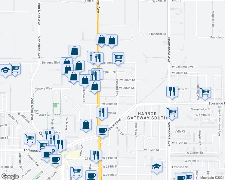 map of restaurants, bars, coffee shops, grocery stores, and more near 1616 West 206th Street in Torrance