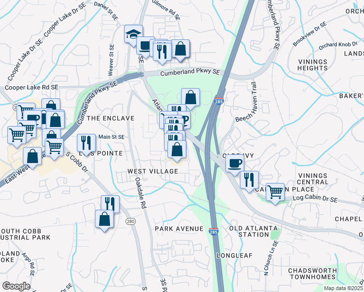 map of restaurants, bars, coffee shops, grocery stores, and more near 4600 West Village Way in Smyrna
