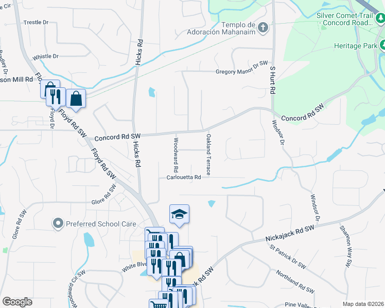 map of restaurants, bars, coffee shops, grocery stores, and more near 671 Manor Ridge Drive in Mableton