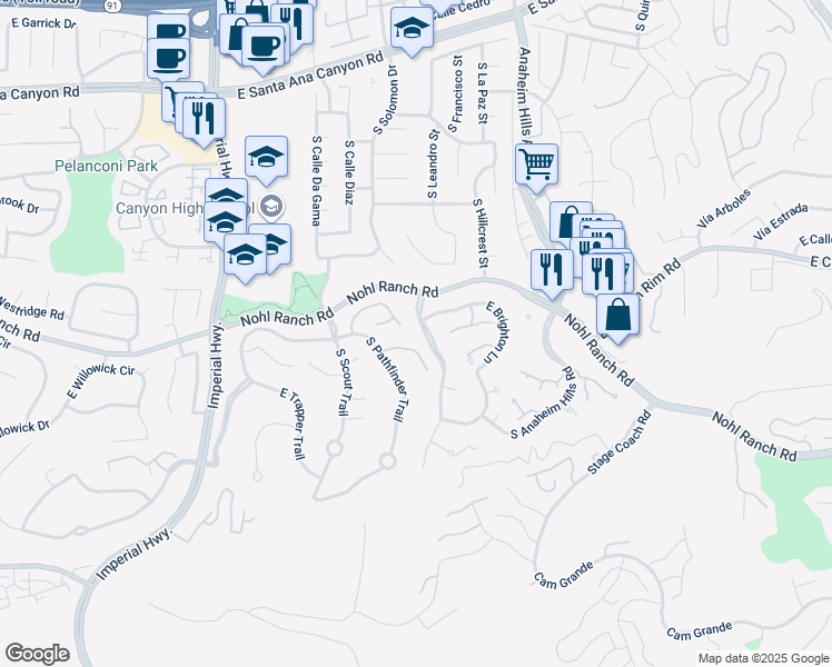 map of restaurants, bars, coffee shops, grocery stores, and more near 5997 East Calle Principia in Anaheim