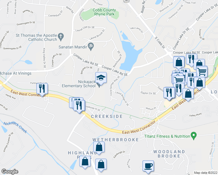 map of restaurants, bars, coffee shops, grocery stores, and more near 5018 Laurel Springs Way Southeast in Smyrna