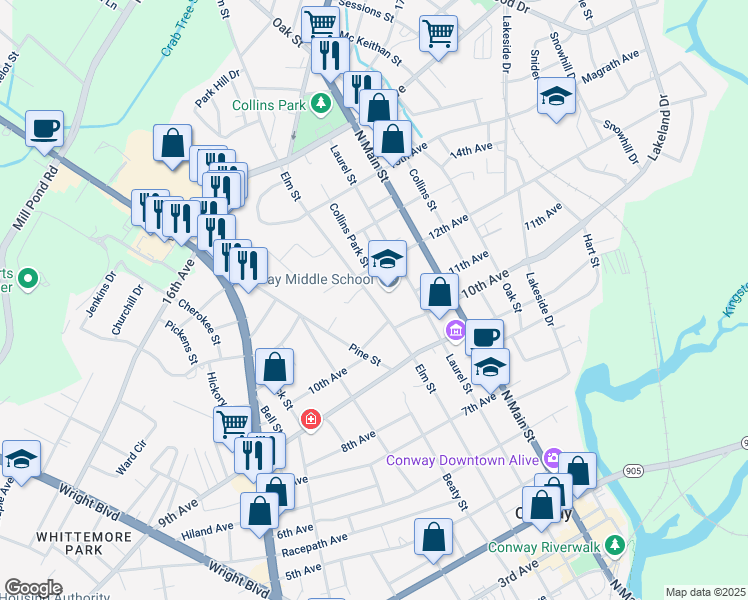 map of restaurants, bars, coffee shops, grocery stores, and more near 1104 Elm Street in Conway