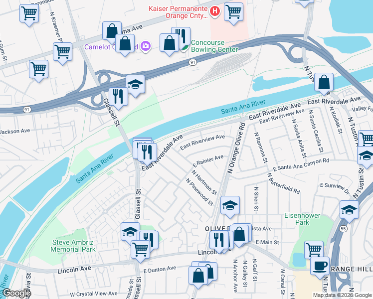 map of restaurants, bars, coffee shops, grocery stores, and more near 502 East Meadowbrook Avenue in Orange