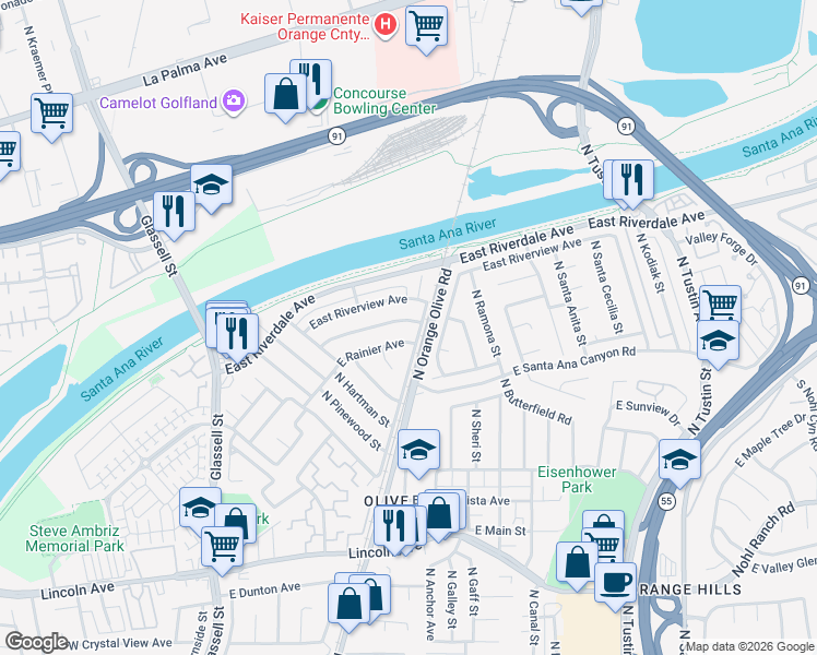 map of restaurants, bars, coffee shops, grocery stores, and more near 744 East Meadowbrook Avenue in Orange