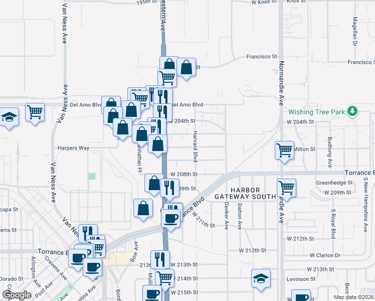 map of restaurants, bars, coffee shops, grocery stores, and more near 1616 West 206th Street in Torrance