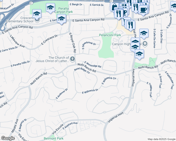 map of restaurants, bars, coffee shops, grocery stores, and more near 5353 Rural Ridge Circle in Anaheim