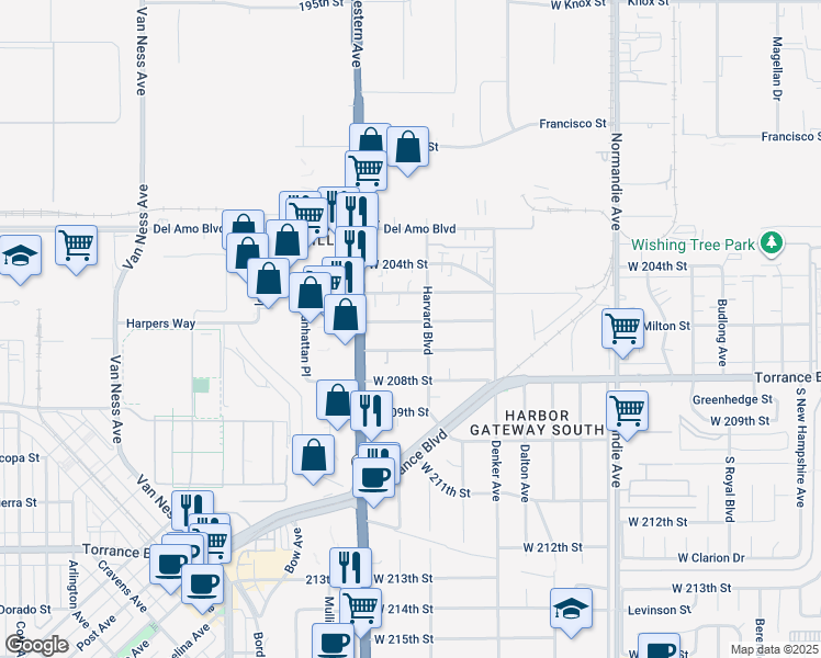 map of restaurants, bars, coffee shops, grocery stores, and more near 1616 West 206th Street in Torrance