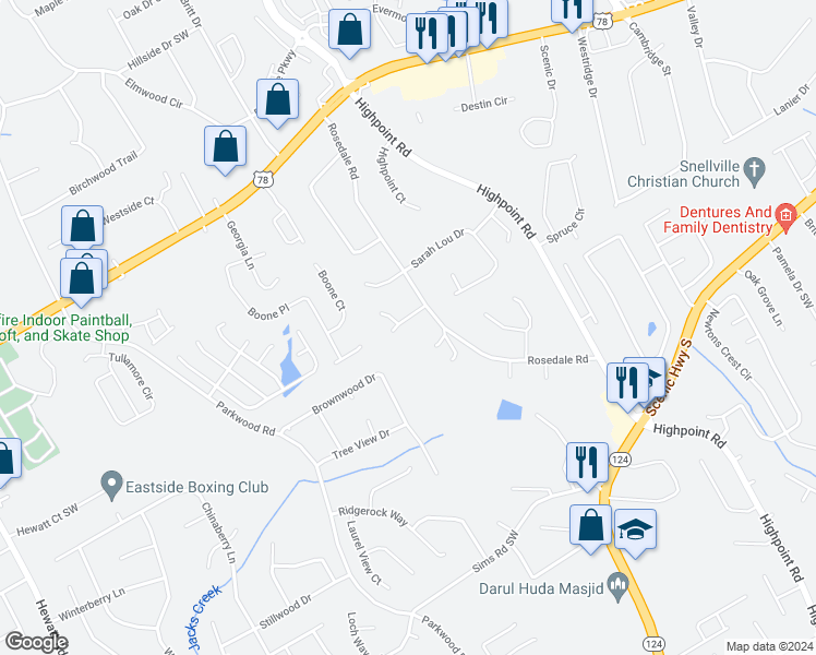 map of restaurants, bars, coffee shops, grocery stores, and more near 3252 Inez Drive in Snellville