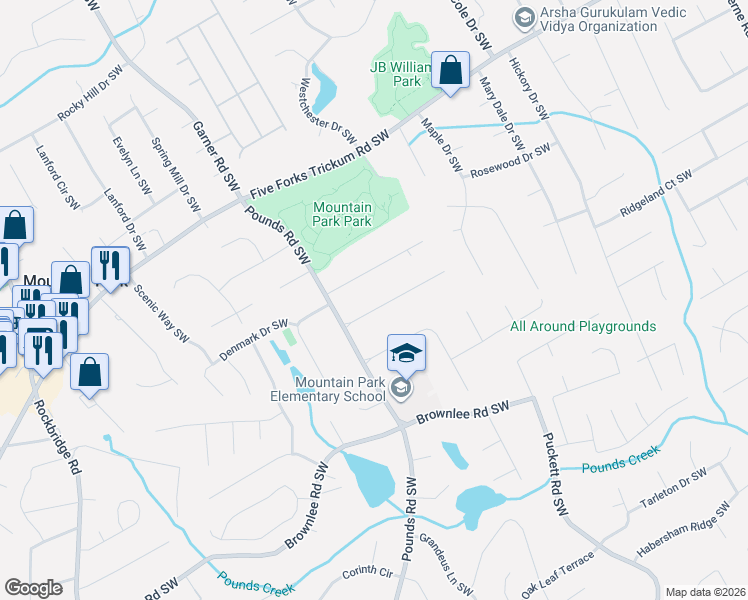 map of restaurants, bars, coffee shops, grocery stores, and more near 5055 Fox Forest Drive Southwest in Lilburn