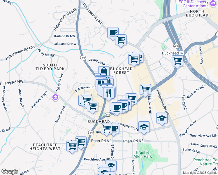 map of restaurants, bars, coffee shops, grocery stores, and more near 3227 Roswell Road Northeast in Atlanta