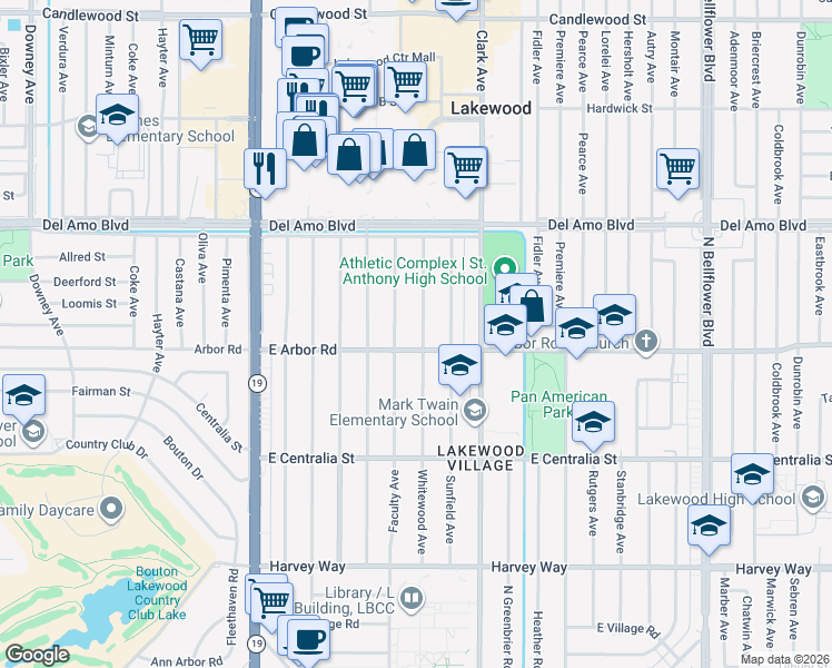 map of restaurants, bars, coffee shops, grocery stores, and more near 4717 Whitewood Avenue in Long Beach
