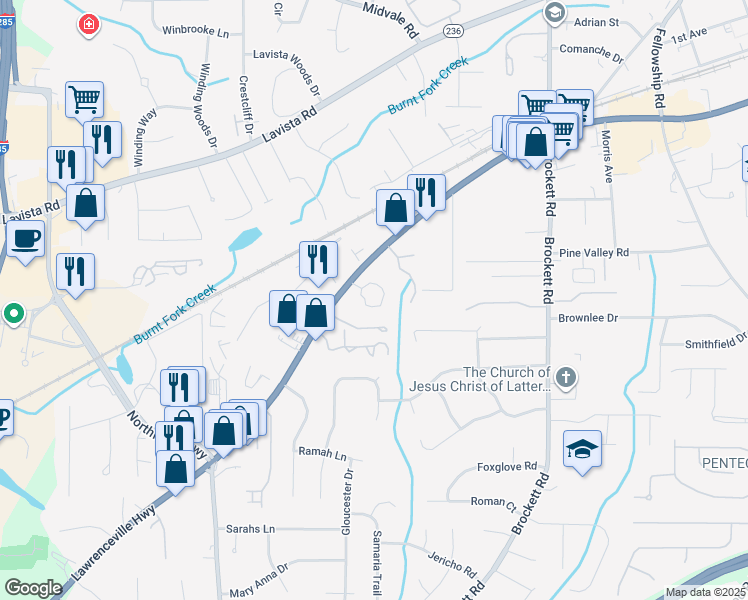map of restaurants, bars, coffee shops, grocery stores, and more near 3555 Lawrenceville Highway in Tucker