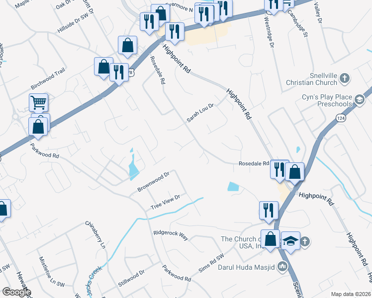 map of restaurants, bars, coffee shops, grocery stores, and more near 3272 Inez Drive in Snellville