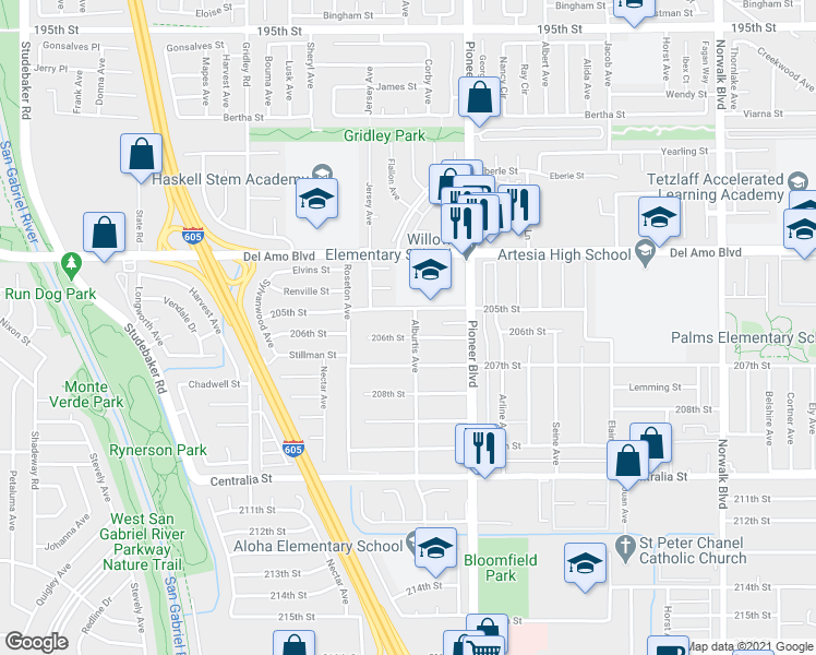 map of restaurants, bars, coffee shops, grocery stores, and more near 20521 Alburtis Avenue in Lakewood