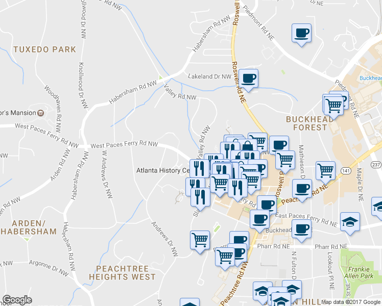 map of restaurants, bars, coffee shops, grocery stores, and more near 139 West Paces Ferry Road Northwest in Atlanta