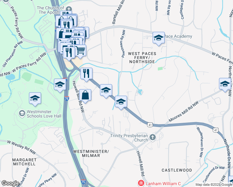 map of restaurants, bars, coffee shops, grocery stores, and more near 3240 Pinestream Road Northwest in Atlanta