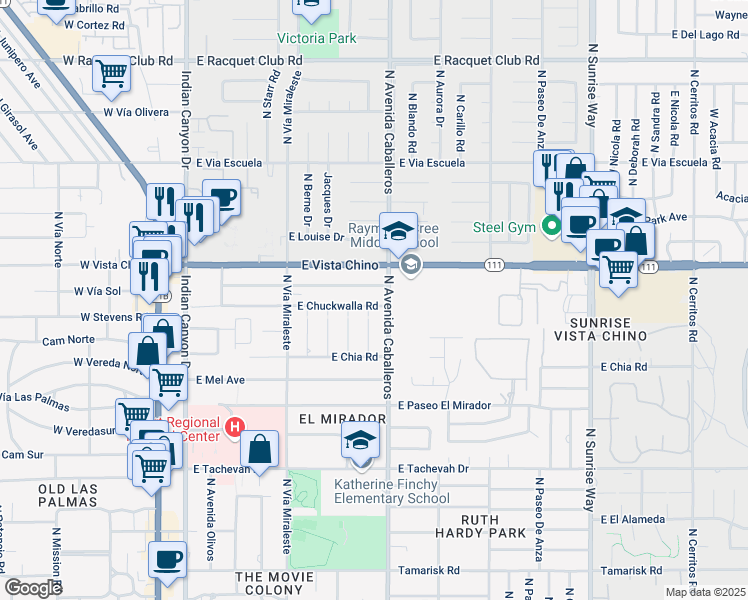 map of restaurants, bars, coffee shops, grocery stores, and more near 1481 North Opuntia Road in Palm Springs