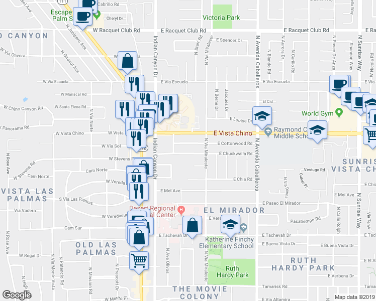 map of restaurants, bars, coffee shops, grocery stores, and more near 463 East Chuckwalla Road in Palm Springs