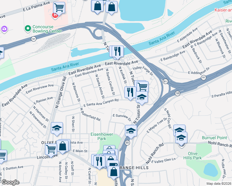 map of restaurants, bars, coffee shops, grocery stores, and more near 4024 North Santa Lucia Street in Orange