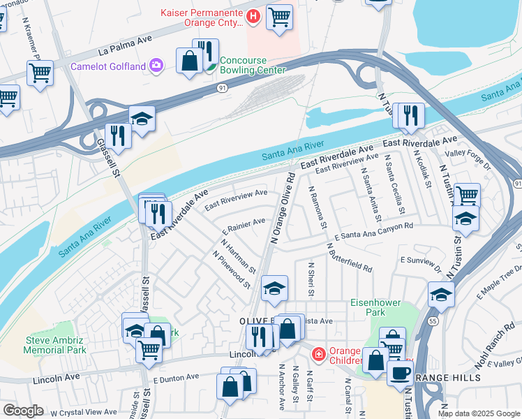 map of restaurants, bars, coffee shops, grocery stores, and more near 3198 North Ashwood Street in Orange