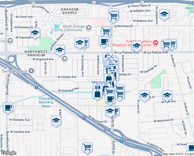 map of restaurants, bars, coffee shops, grocery stores, and more near 1738 Glenoaks Avenue in Anaheim