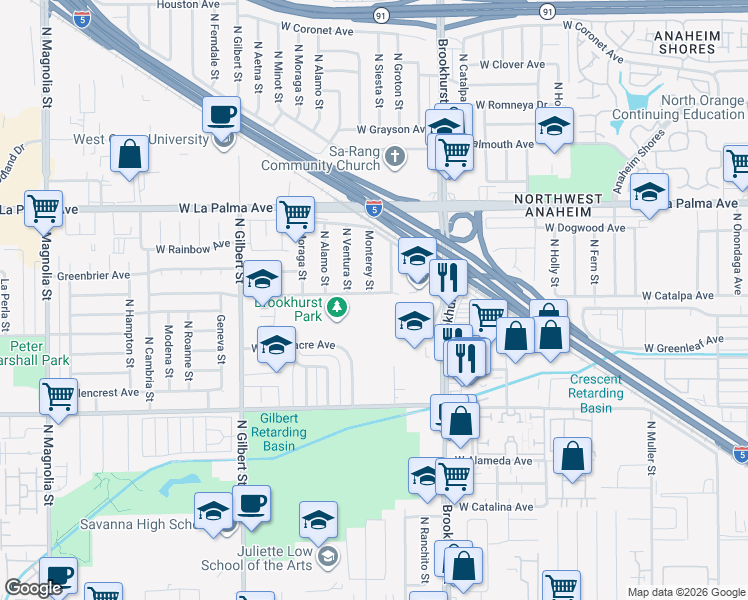 map of restaurants, bars, coffee shops, grocery stores, and more near 2248 West Valdina Avenue in Anaheim