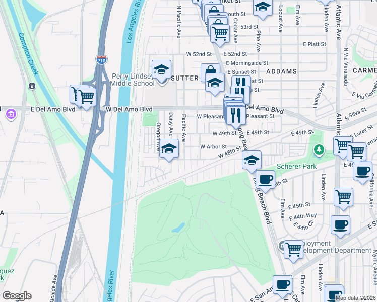 map of restaurants, bars, coffee shops, grocery stores, and more near 4792 West 48th Street in Long Beach