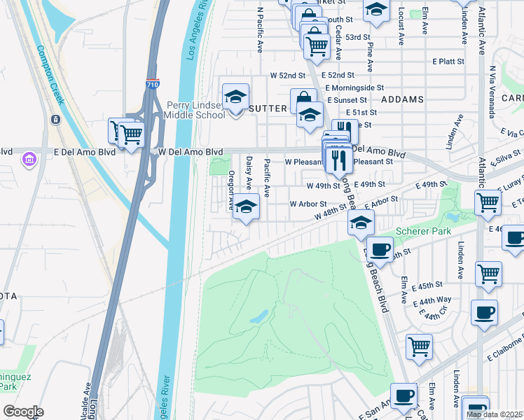 map of restaurants, bars, coffee shops, grocery stores, and more near 4795 Pacific Avenue in Long Beach