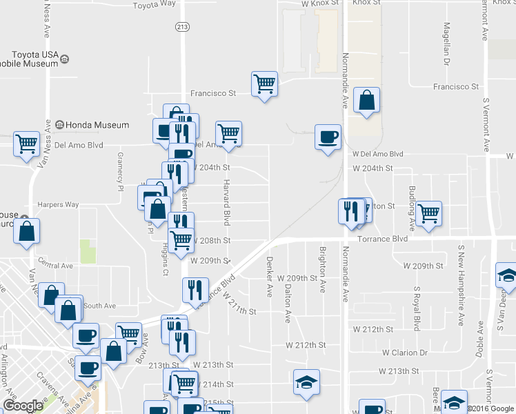 map of restaurants, bars, coffee shops, grocery stores, and more near 1529 West 207th Street in Torrance