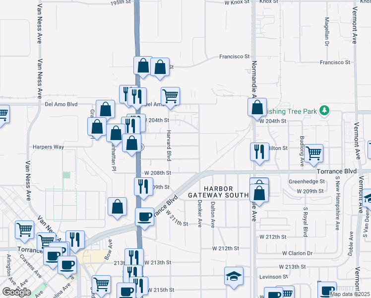 map of restaurants, bars, coffee shops, grocery stores, and more near 1529 West 207th Street in Torrance