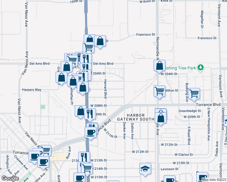 map of restaurants, bars, coffee shops, grocery stores, and more near 1529 West 207th Street in Torrance