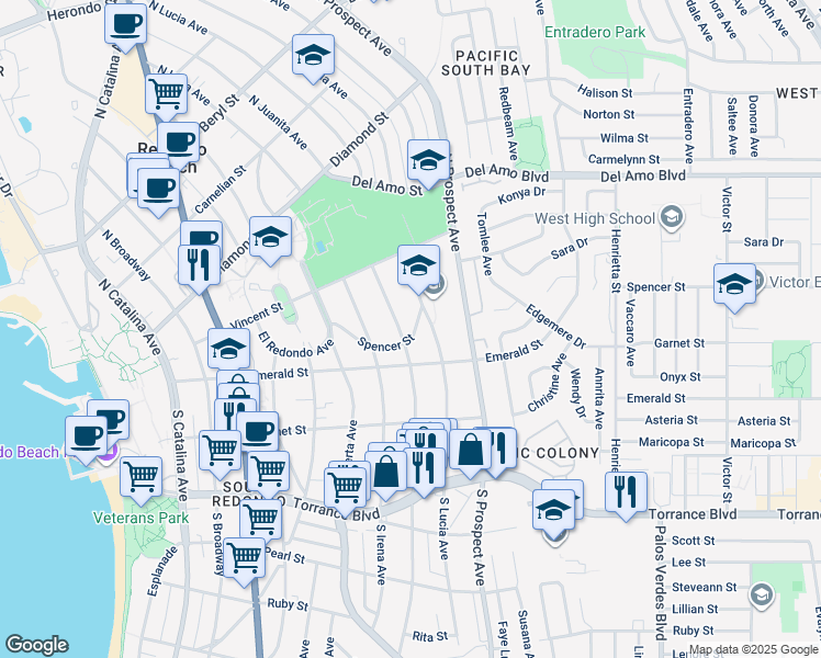 map of restaurants, bars, coffee shops, grocery stores, and more near 109 North Lucia Avenue in Redondo Beach