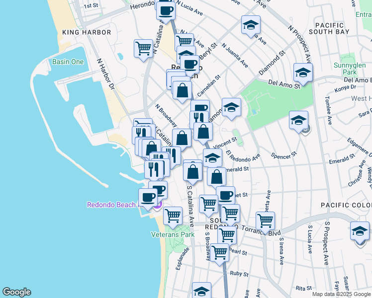 map of restaurants, bars, coffee shops, grocery stores, and more near 132 North Catalina Avenue in Redondo Beach