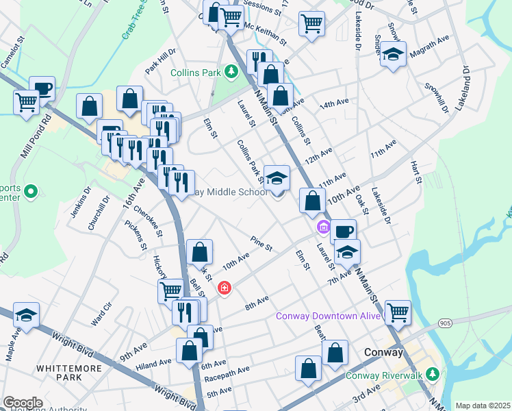 map of restaurants, bars, coffee shops, grocery stores, and more near 1015 Elm Street in Conway