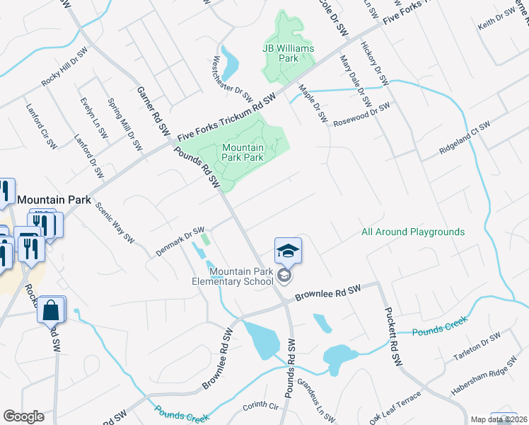 map of restaurants, bars, coffee shops, grocery stores, and more near 5045 Fox Forest Drive Southwest in Lilburn