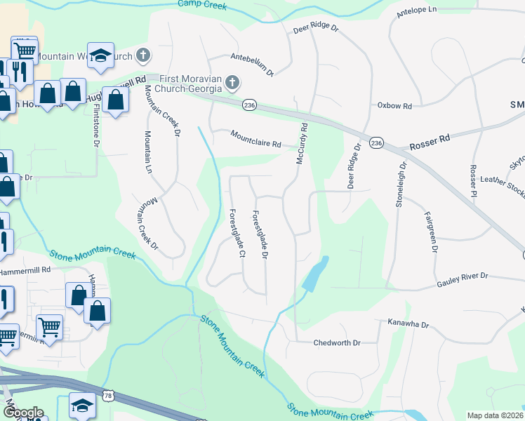 map of restaurants, bars, coffee shops, grocery stores, and more near 2235 Forestglade Drive in Stone Mountain