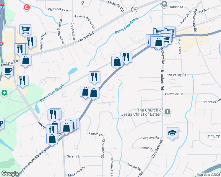 map of restaurants, bars, coffee shops, grocery stores, and more near 3555 Lawrenceville Highway in Tucker